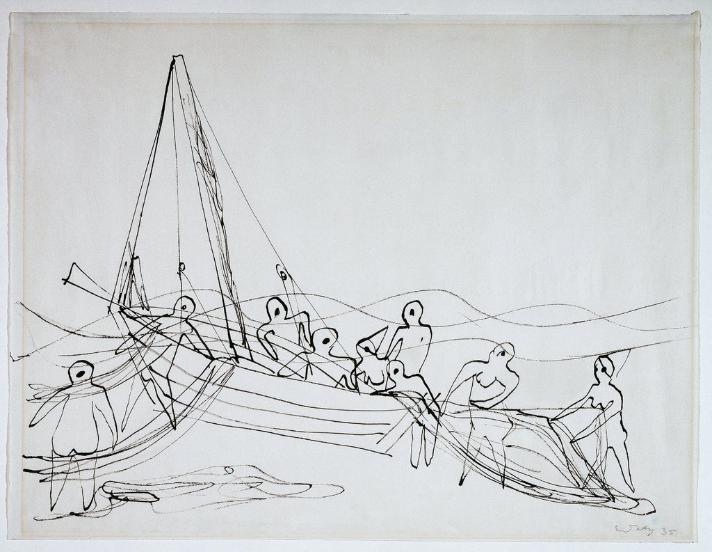 Fischer mit Netzen am Boot, Ernst Wilhelm Nay