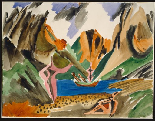 Lofotenlandschaft mit See und Kahn - Digitale Sammlung