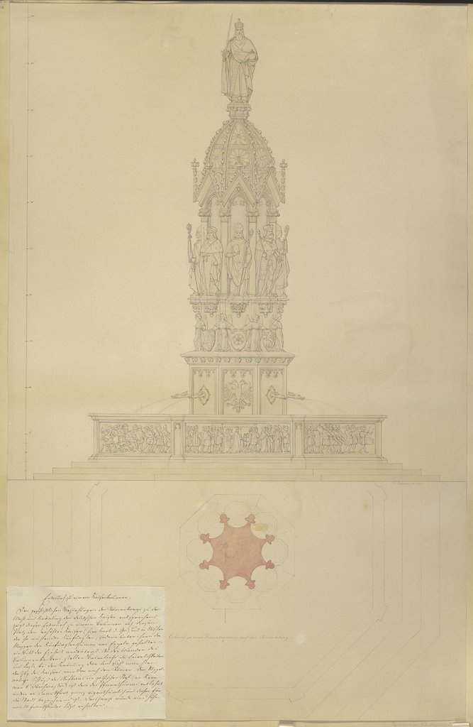 Entwurf zu einem Kaiserbrunnen auf dem Römerberg nebst eigenhändiger Erklärung, Johann David Passavant, Edward von Steinle
