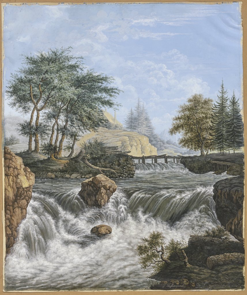 Wasserfall im Gebirge, am Ufer und im Hintergrund Nadelhölzer, Johann David Passavant