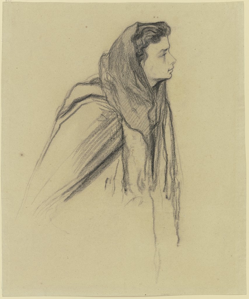 Brustbild einer Frau mit Kopftuch nach rechts, Victor Müller