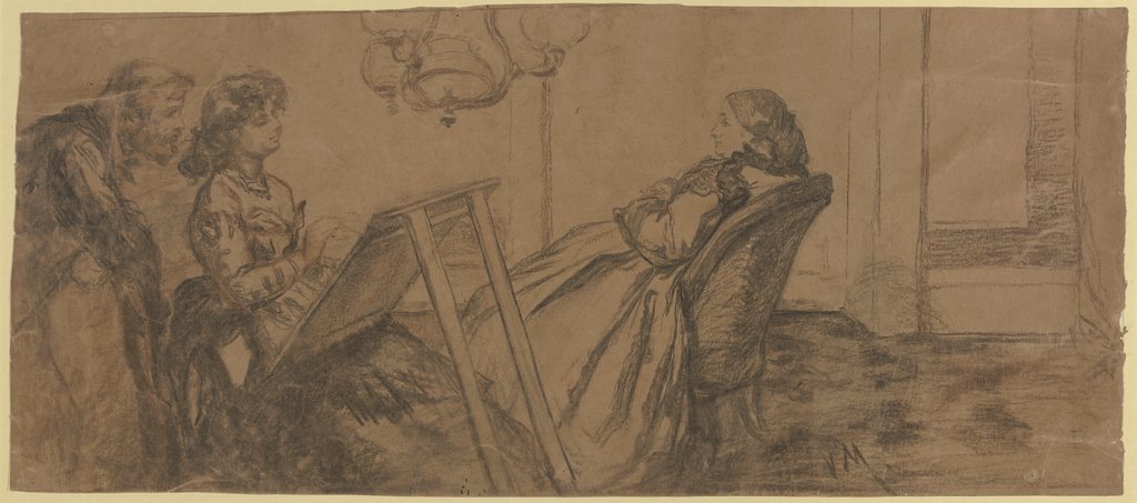 Eine Schülerin des Künstlers, Bertha Gerson, beim Zeichenunterricht, hinter ihr der Künstler Otto Scholderer (?), Victor Müller