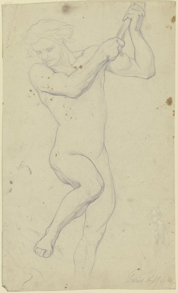Ein Gefährte des Odysseus als Aktfigur, eine Stange in den Boden stoßend, aus "Odysseus und die Sirenen", Victor Müller