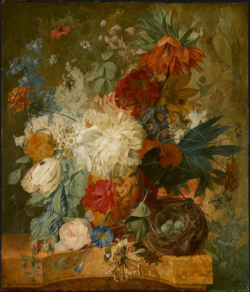 Stillleben mit Blumenstrauss und Vogelnest, Wybrand Hendriks