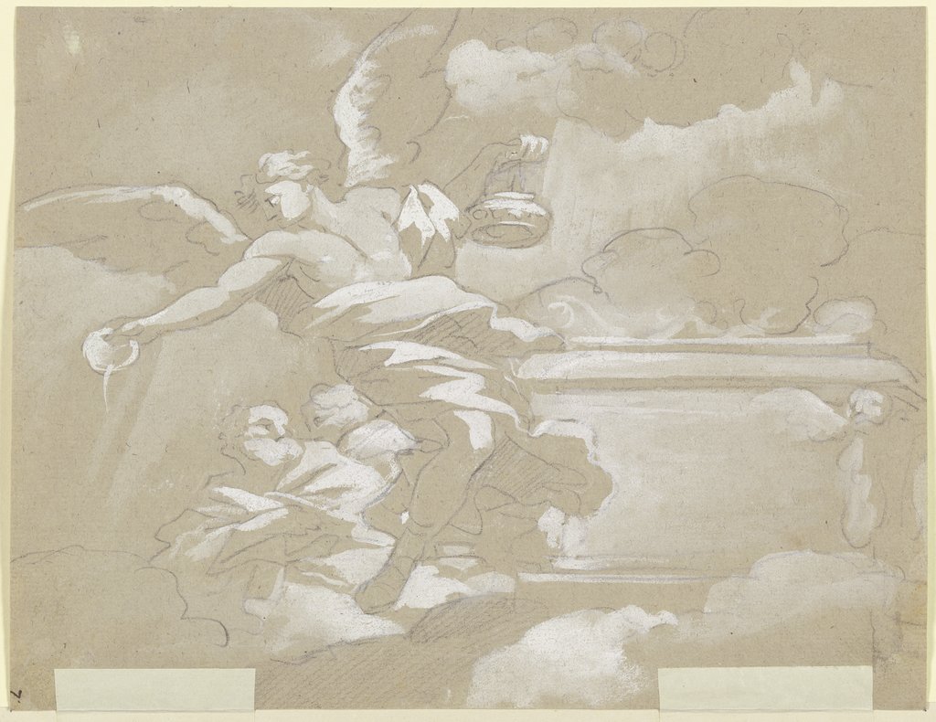Ein Engel an einem Altar auf Wolken gießt eine Schale aus, Italienisch, 18. Jahrhundert