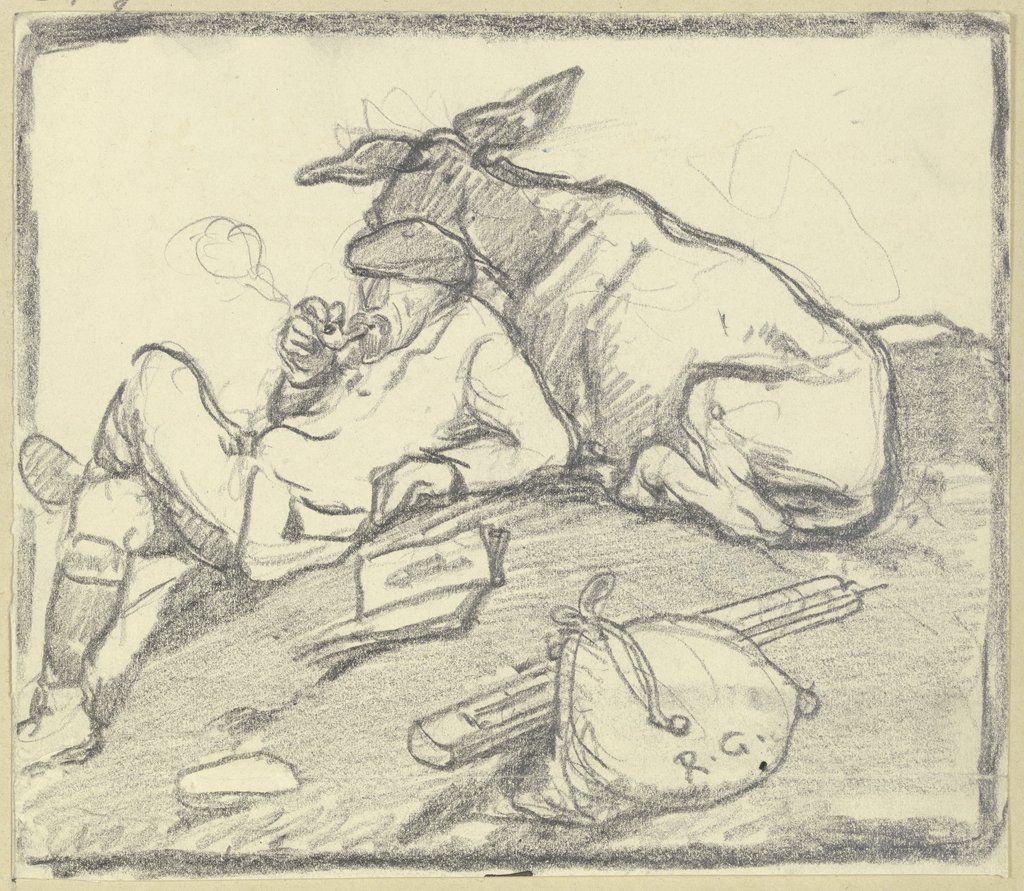 Ein Pfeife rauchender Mann auf einem Hügel rastend, angelehnt an einen Esel, Rudolf Gudden