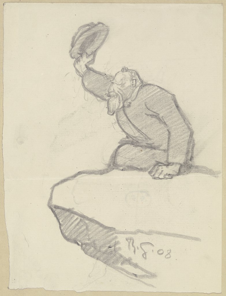 Alter Mann, von einem Felsvorsprung seinen Hut zum Gruße hebend, Rudolf Gudden