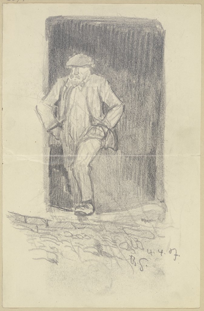 Ein alter Mann, die Hände in Taschen, in einer Tür lehnend, Rudolf Gudden