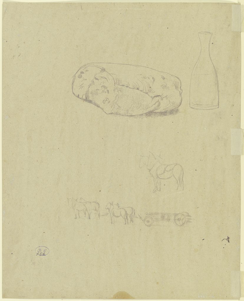 Studienblatt: Brot, Flasche und eine bespannte Pferdekutsche, Hans Thoma