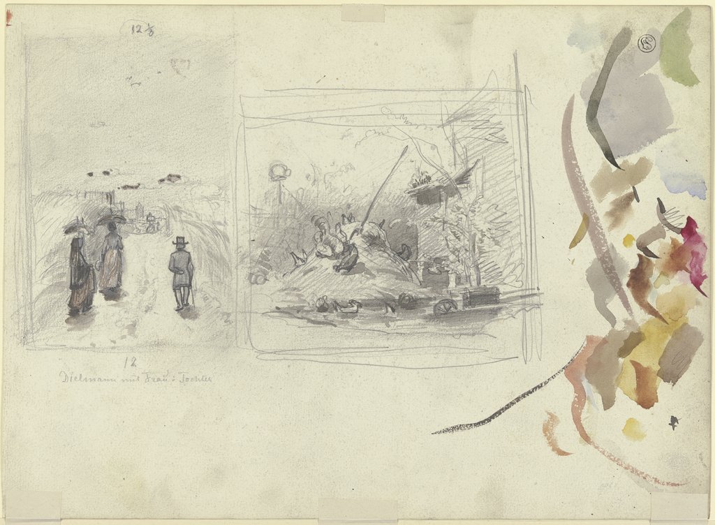 Studienblatt: Drei Spaziergänger (der Künstler mit seiner Familie?) in einer Landschaft, rechts ein Misthaufen, Jakob Fürchtegott Dielmann