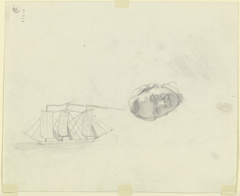 Studie eines männlichen Kopfes, daneben ein Segelschiff, Jakob Becker