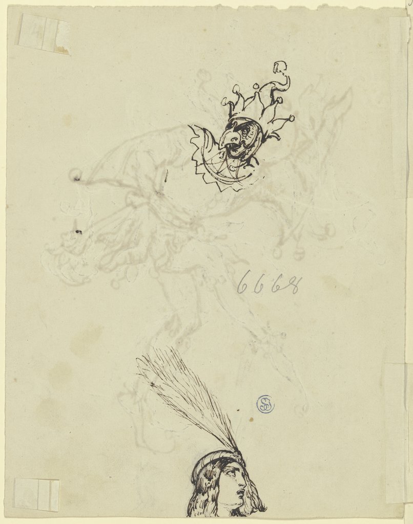 Kopf eines Harlequin mit Schnabel, unten ein federgeschmückter männlicher Kopf, aufblickend, Ferdinand Fellner