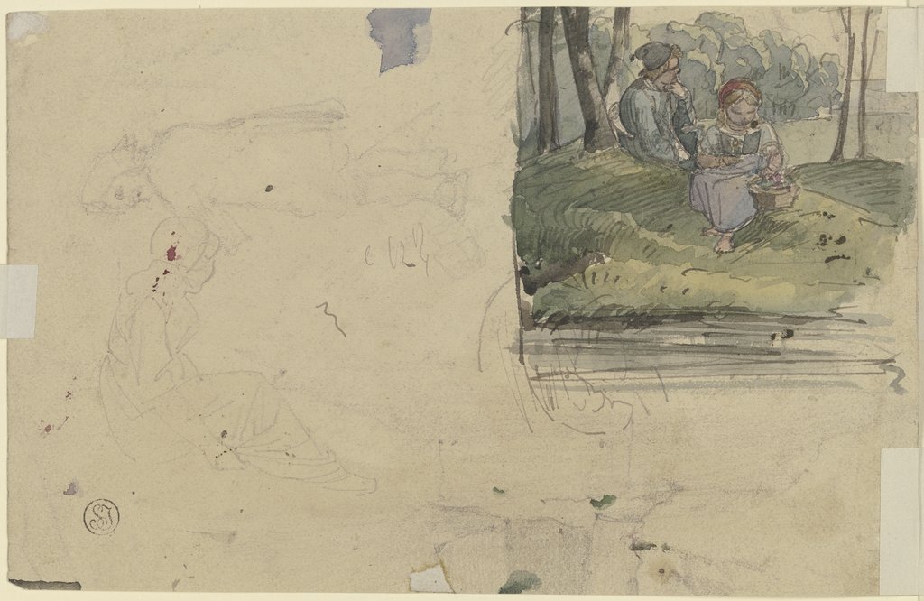 Studienblatt: Figuren und ein Mädchen mit einem Jungen im Wald sitzend, Jakob Fürchtegott Dielmann