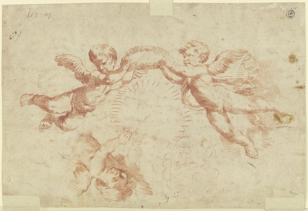 Studienblatt: Die bekränzenden und Blumen streuenden Putten aus der "Pala della peste", Italian, 17th century