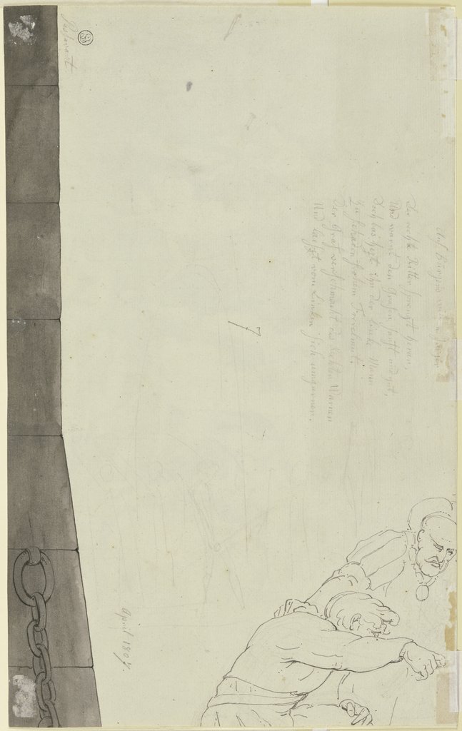 Kniender vor einem bärtigen Mann mit schwerer Kette um den Hals, links eine geböschte Mauerecke, Franz Pforr