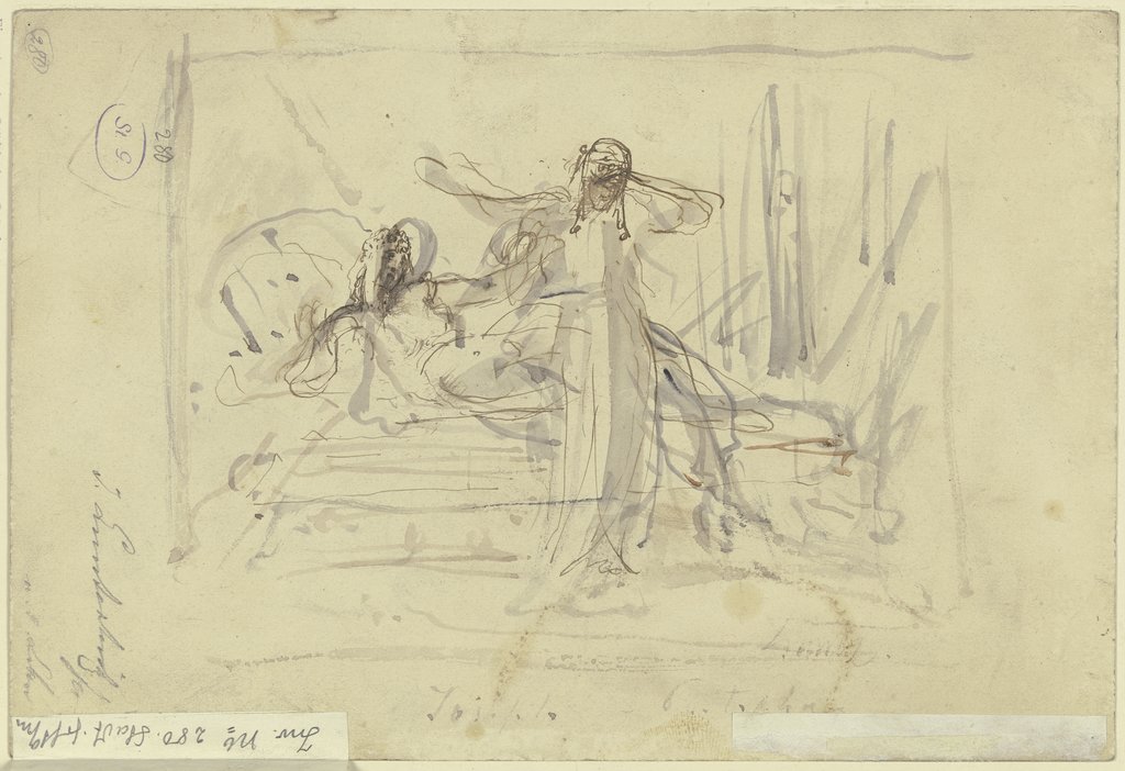 Zwei Frauen, eine stehend, die andere hinter auf einem Bett liegend, Jules Lunteschütz