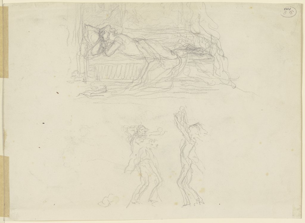 Frau, mit aufgestütztem Kopf bäuchlings auf einem Bett liegend, darunter zwei tanzende Gestalten, Victor Müller