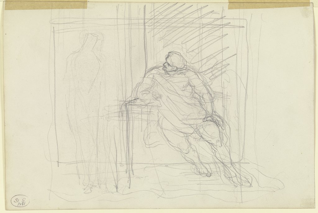 Sitzender Mann, sich einer links stehenden (weiblichen?) Gestalt zuwendend, Victor Müller