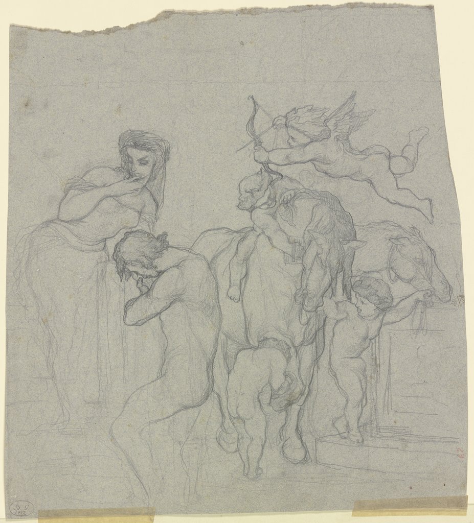 Junges Paar, rechts von ihm führen eine Gruppe Amoretten zwei Pferde zur Tränke, Victor Müller