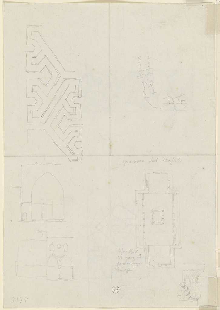 Geometrische Muster, ein Grundriss, Gebäudeaufrisse sowie ein Kapitell, Friedrich Maximilian Hessemer