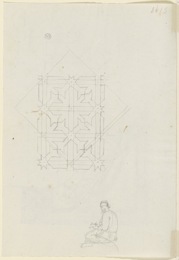 Geometrisches Muster sowie sitzender Säbelträger, in ein Notizbuch schreibend, Friedrich Maximilian Hessemer