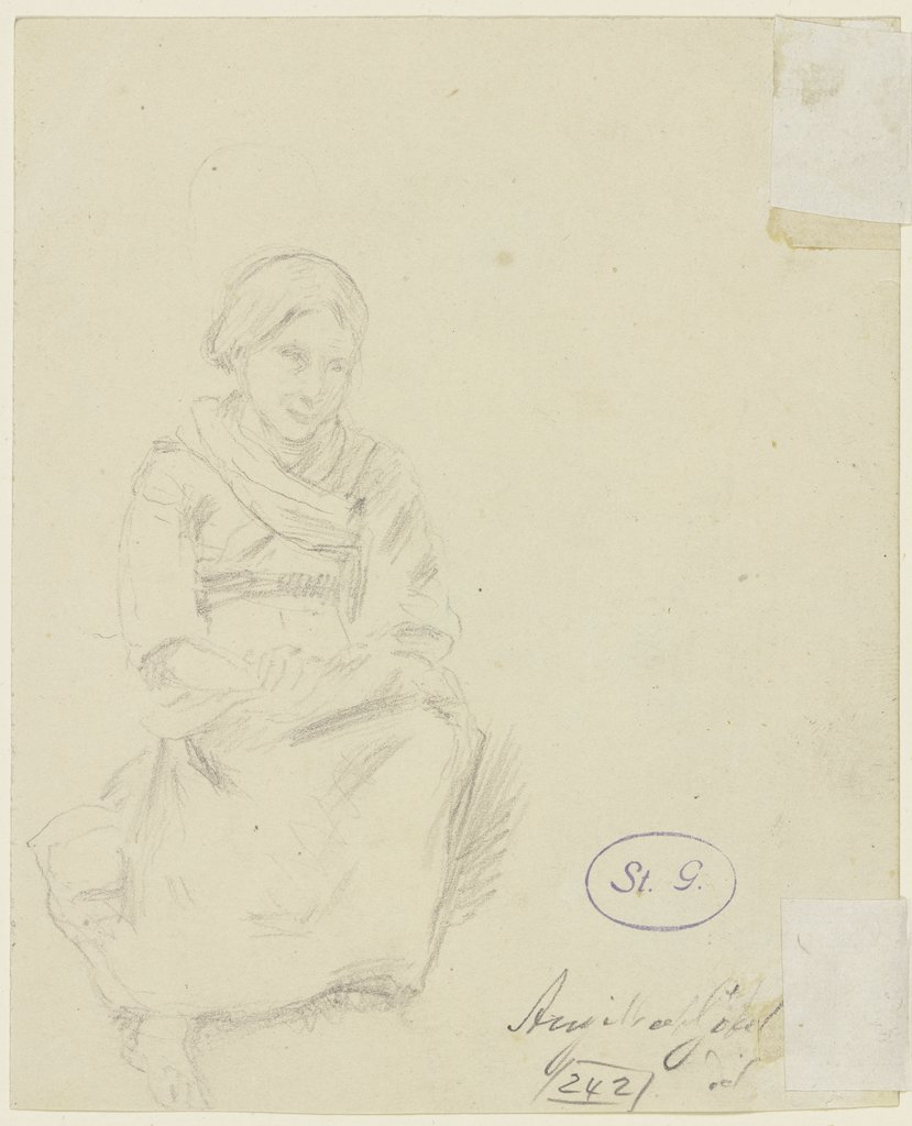 Auf dem Boden sitzende ältere Frau in bäuerlicher Tracht, Angilbert Göbel
