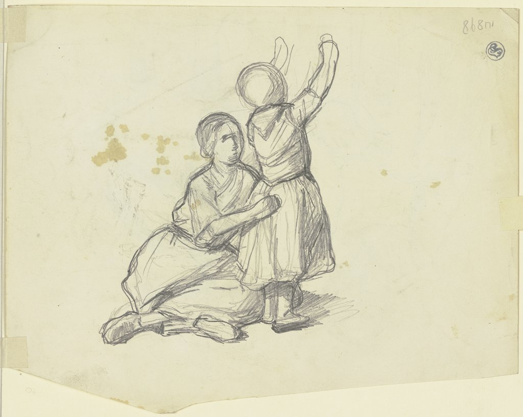 Auf dem Boden sitzende Frau mit einem neben ihr stehenden kleinen Mädchen mit erhobenen Armen, Jakob Becker