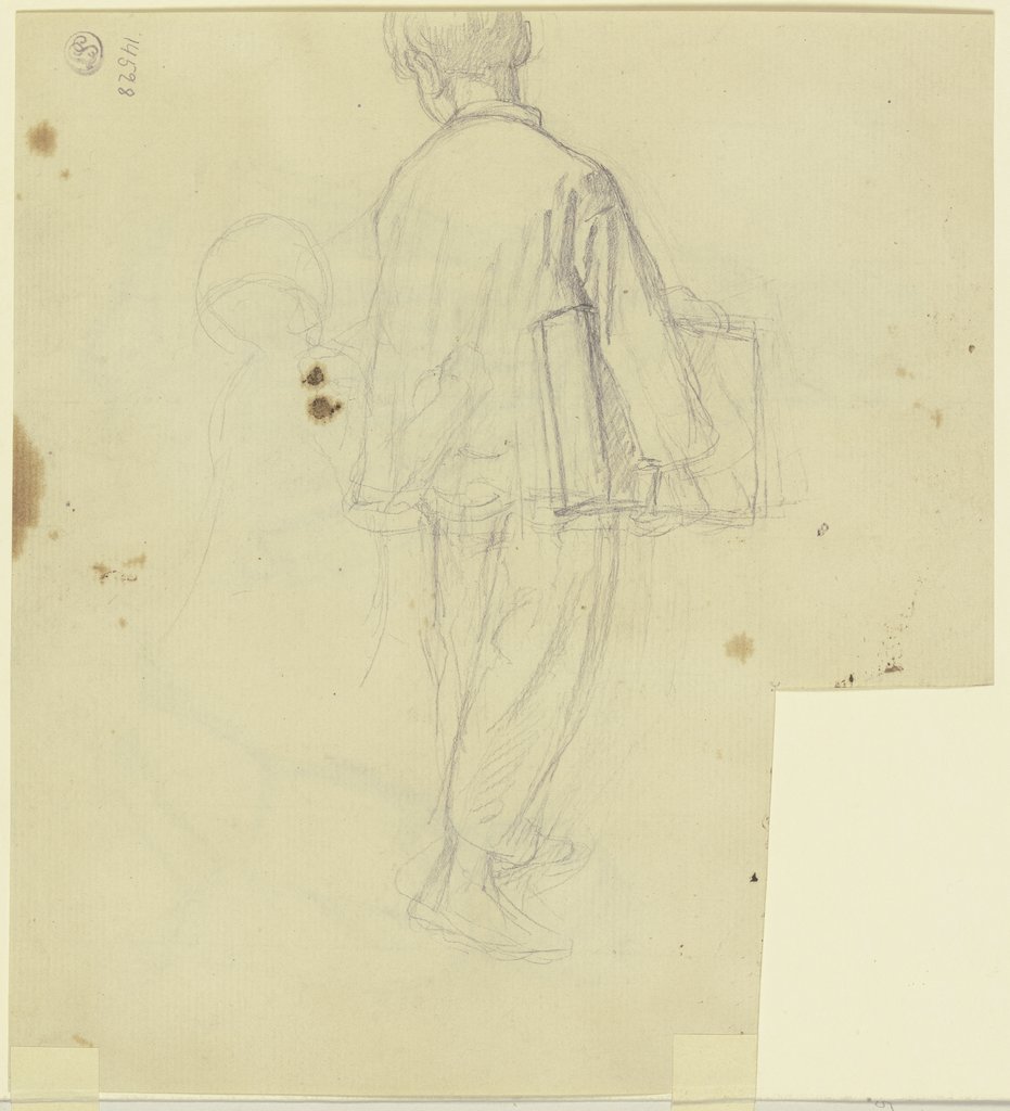 Rückenansicht zweier schreitender Kinder, das rechte eine Kiste oder einen Folianten unter dem rechten Arm tragend, Jakob Becker
