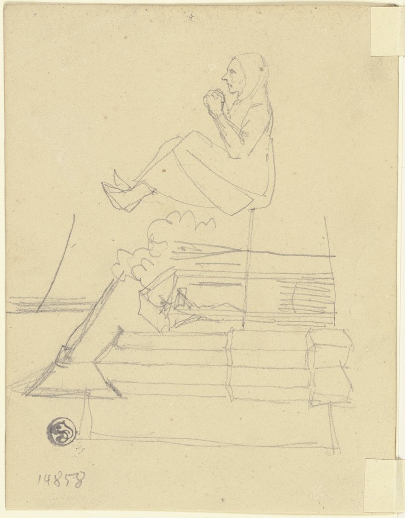 Studienblatt: Außenwand einer Kirche mit einem Kruzifix, auf dem Boden sitzende alte Frau, die Hände gefaltet, Jakob Becker