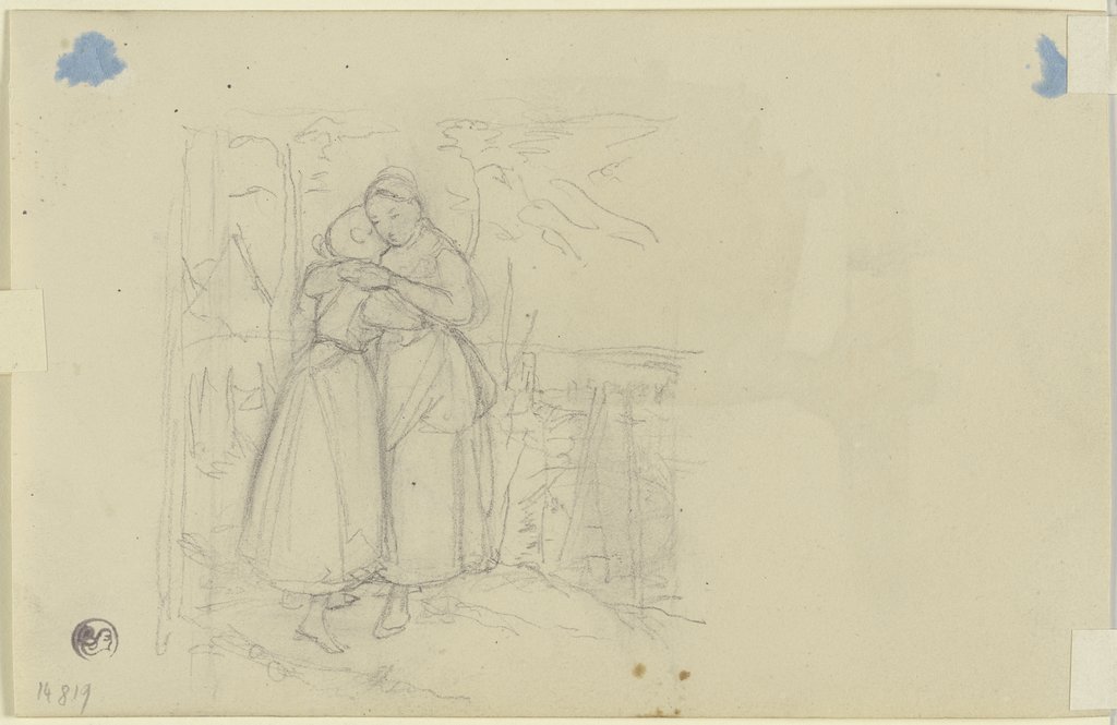 Zwei einander umarmende Frauen in einem Garten, Jakob Becker