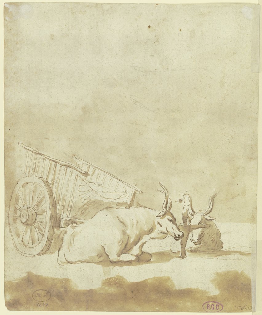 Zwei ruhende Kühe vor einem zweirädrigen Wagen, German, 18th century