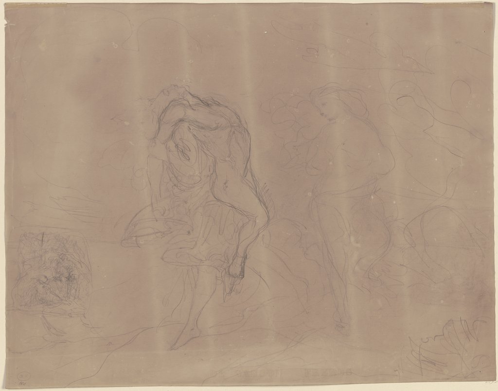 Eine nach links schreitende Gestalt trägt eine entblößte leblosen Mann auf dem Rücken, rechts davon eine ihr nachblickende Frau, Victor Müller
