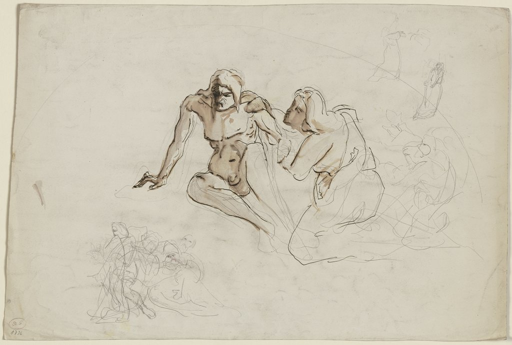 Auf dem Boden sitzender, übellauniger männlicher Akt, von einer neben ihm knienden weiblichen Gestalt umsorgt (?), sowie weitere figürliche Skizzen, Victor Müller