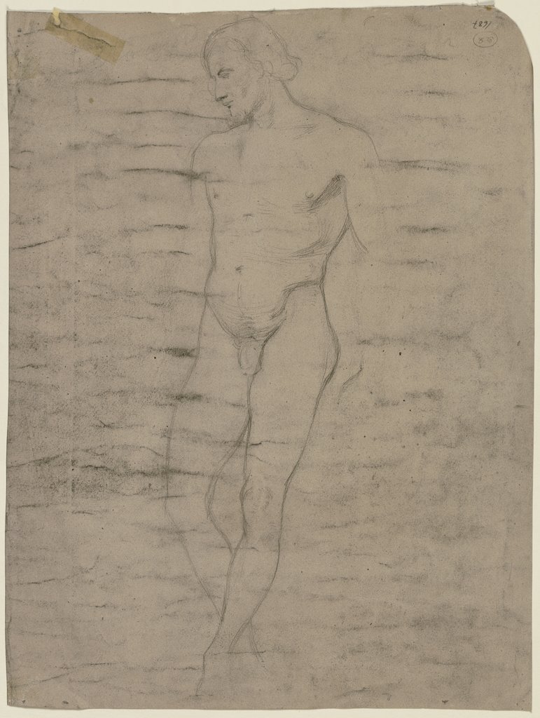 Stehender männlicher Akt von vorn, mit gekreuzten Beinen, den gesenkten Kopf im Profil nach links, Victor Müller
