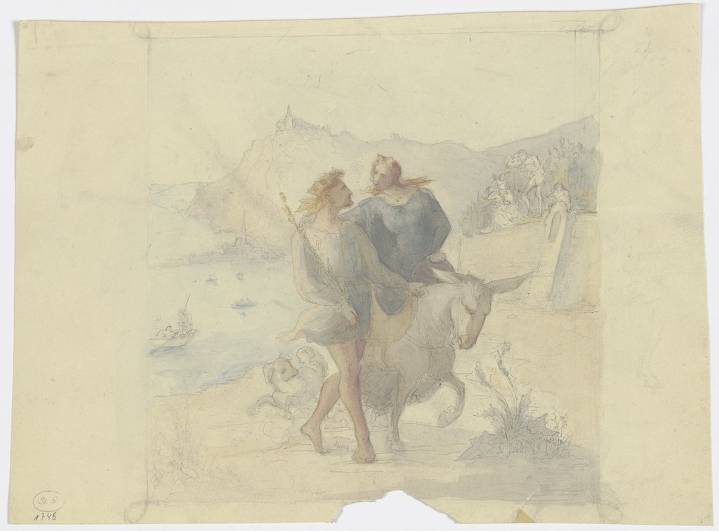 Junger König, die auf einem Esel reitende Königin durch eine Landschaft führend, Victor Müller