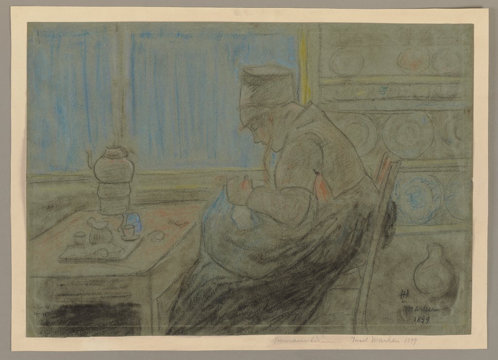 Frau im Profil nach links bei der Handarbeit, in der Küche sitzend, Hermann Lismann