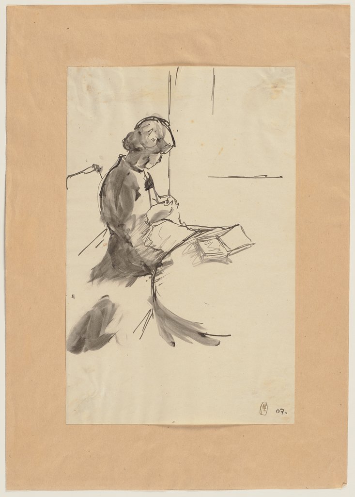 Strickende Frau, auf dem Tisch ein Buch liegend, Hermann Lismann