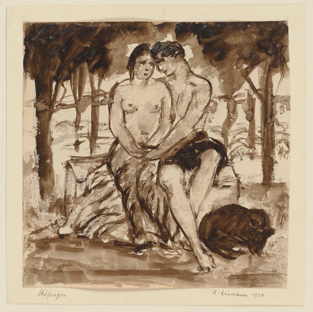 Schäferszene: Paar mit nacktem Oberkörper unter Bäumen sitzend, neben ihnen ein Hund, Hermann Lismann