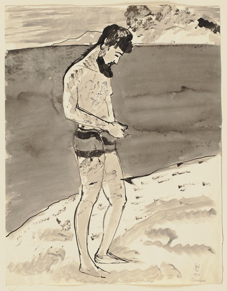 Bärtiger Mann in Badehose an der Côte d’Azur, Hermann Lismann
