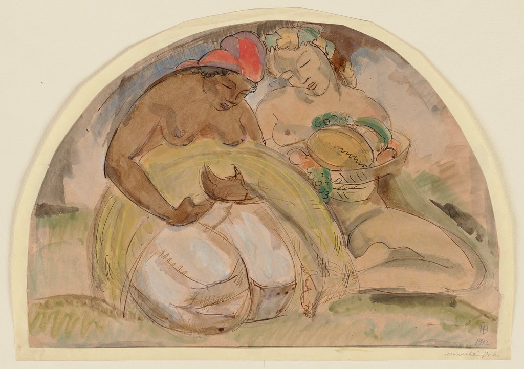 Zwei weibliche Akte, links ein Bündel Stroh, rechts eine Schale mit Früchten in der Hand haltend, Hermann Lismann