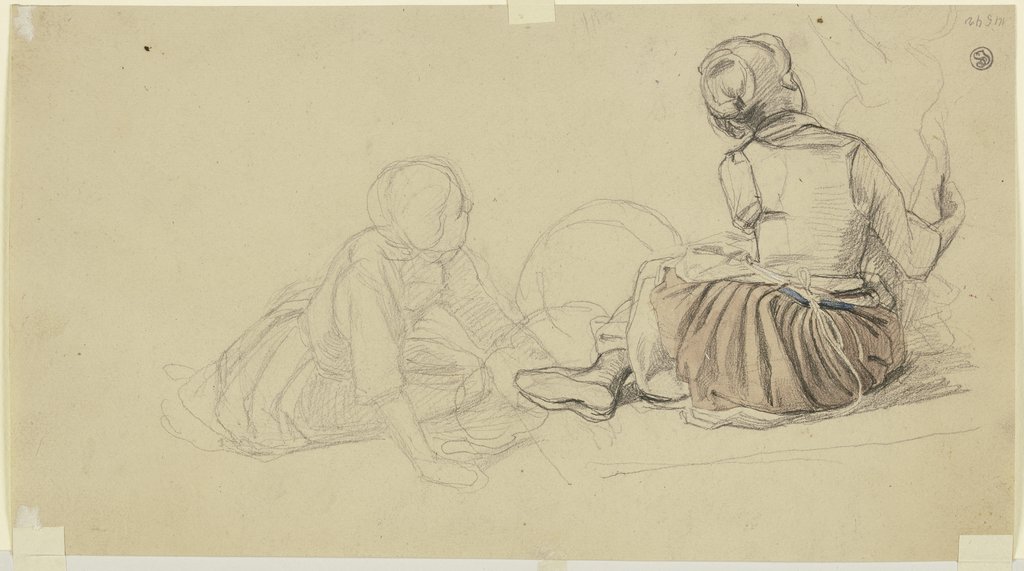 Zwei auf dem Boden sitzende Mädchen, das rechte ein Kleinkind stützend, Jakob Becker