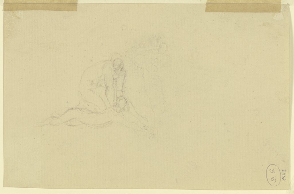 Eine bäuchlings am Boden liegende Figur, über sie gebeugt (sie niederringend?) sowie rechts davon zwei weitere Gestalten, Victor Müller