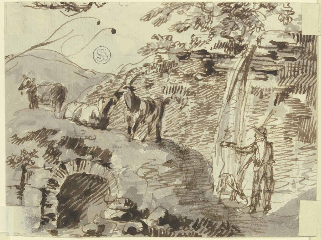 Ein Hirte mit drei Ziegen, Wassser schöpfend, Johann Andreas Herrlein