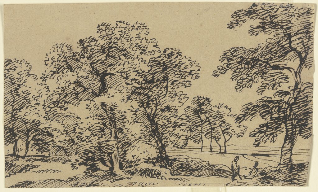 Baumbestandene Ebene, durch die sich ein Weg schlängelt, im Vordergrund rechts zwei rastende Wanderer, Franz Innocenz Josef Kobell