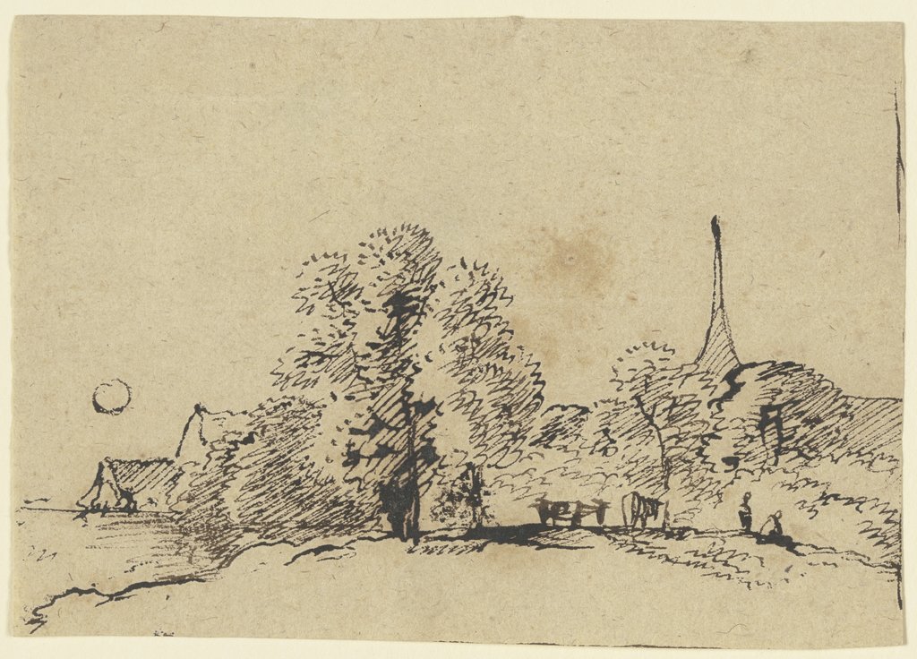 Weidelandschaft bei tiefstehender Sonne mit einem von Bäumen verdeckten Dorf mit spitzem Kirchturm, Franz Innocenz Josef Kobell