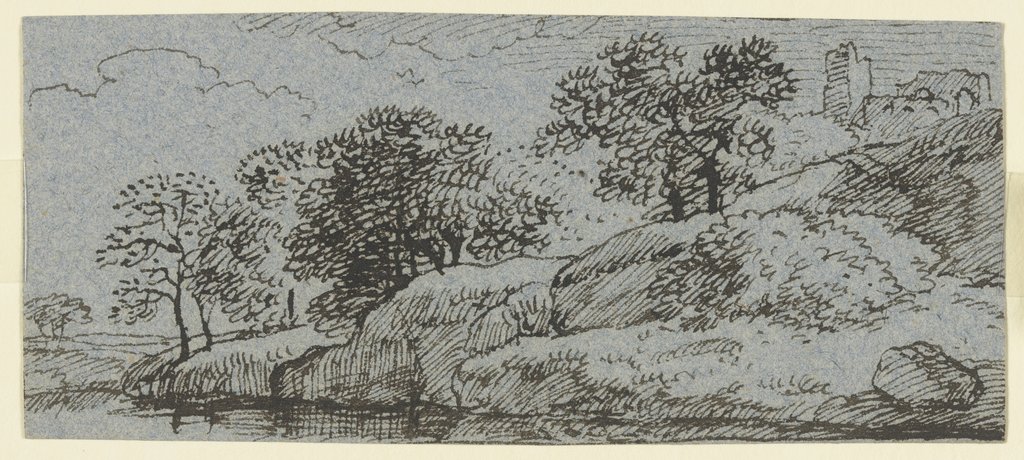 Uferböschung mit Bäumen, im Hintergrund eine Burgruine, Franz Innocenz Josef Kobell