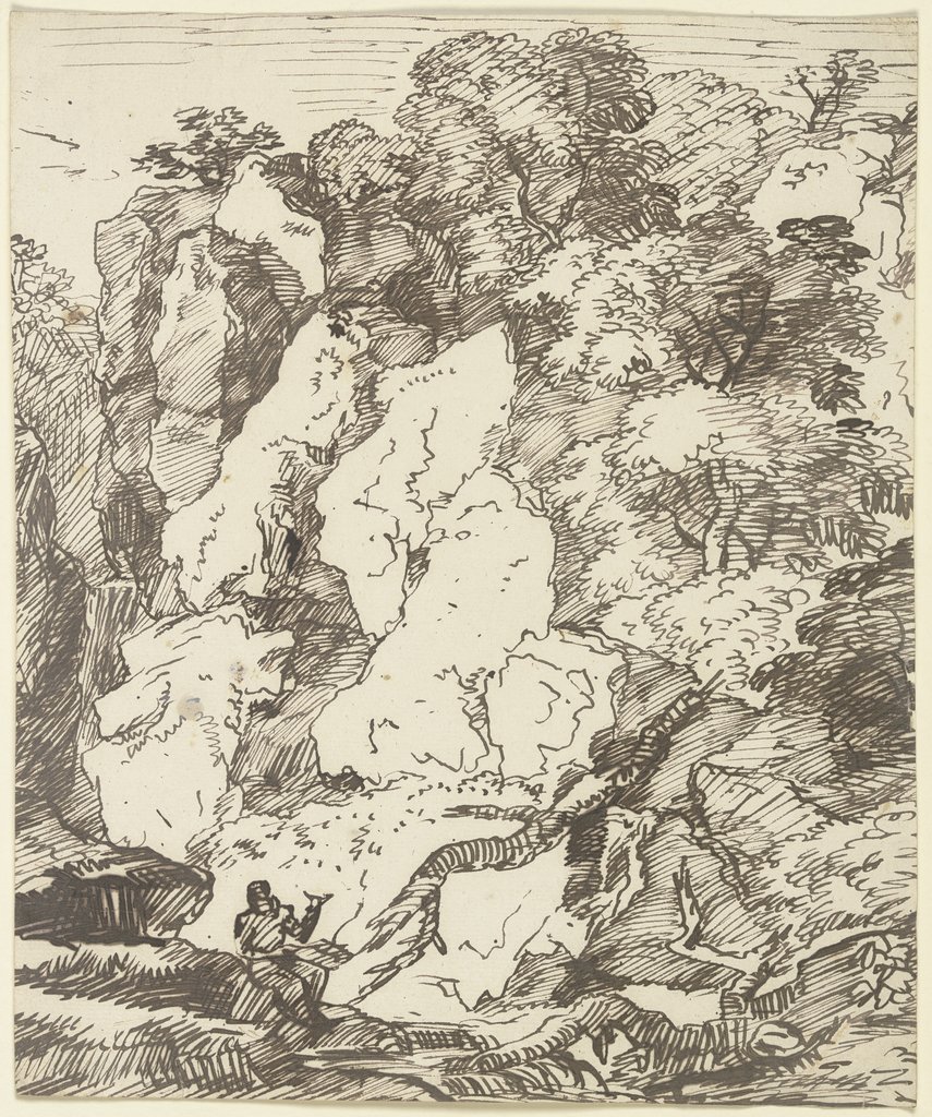 Ein rastender Wanderer zu Füßen einer Felswand sitzend, mit deiktischem Gestus auf diese weisend (?), Franz Innocenz Josef Kobell