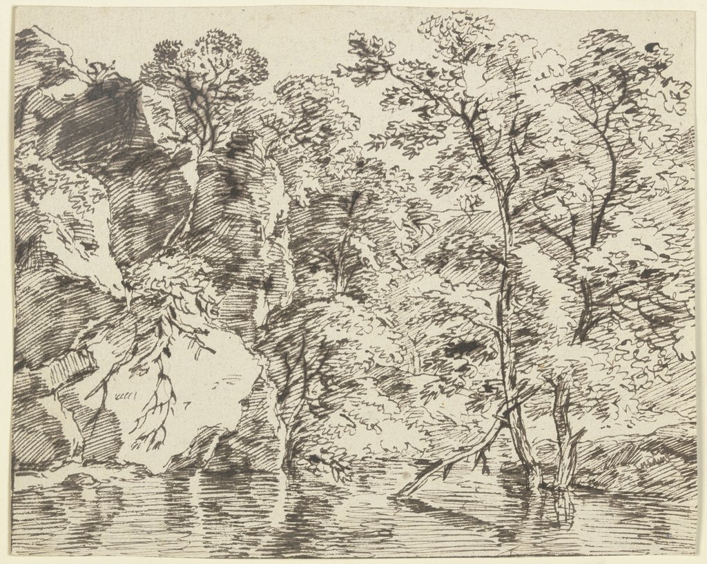 Felsige Uferböschung mit Bäumen am hoch stehenden Gewässer, Franz Innocenz Josef Kobell