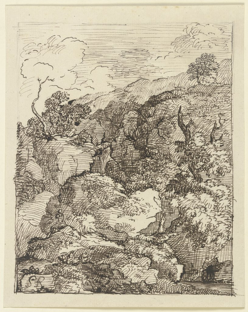 Zerklüftete Felspartie, im Vordergrund ein zerborstener Baum, Franz Innocenz Josef Kobell
