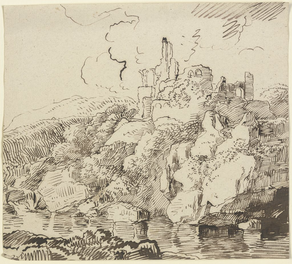 Burgruine auf zerklüfteter Felspartie an einem Gewässer, Franz Innocenz Josef Kobell